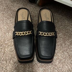 Naked Feet Women's Black Loafers with Gold Chain
